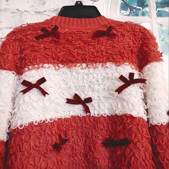 LOOP KNIT WITH BOWS ROSE AND WHITE COLOR CROPPED CARDIGAN SWEATER SIZE  XL - Picture 4 of 9